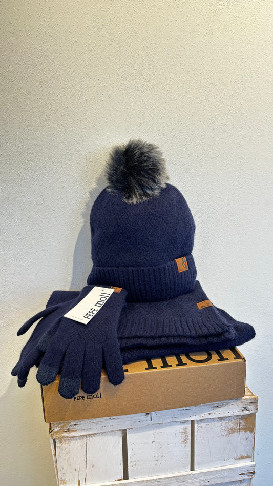 set blu: sciarpa + guanto + cappello con pelo
